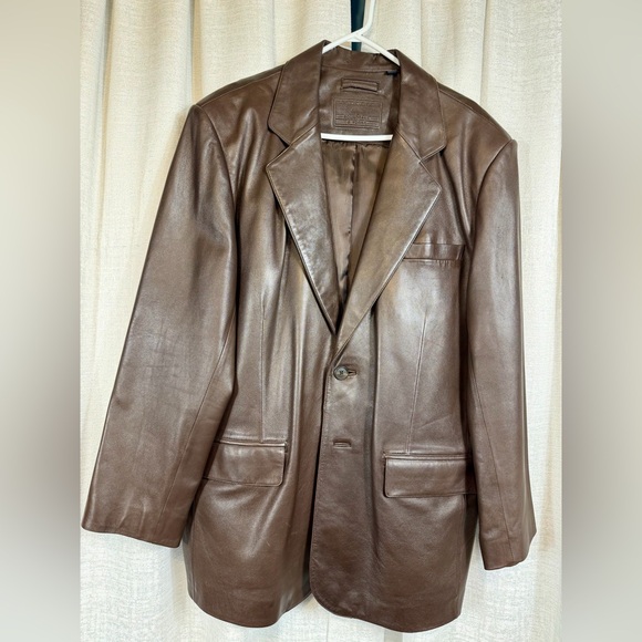 Roundtree & Yorke XL Brown Leather Blazer Coat Classic Notch Lapel Men’s Jacket - Picture 2 of 12